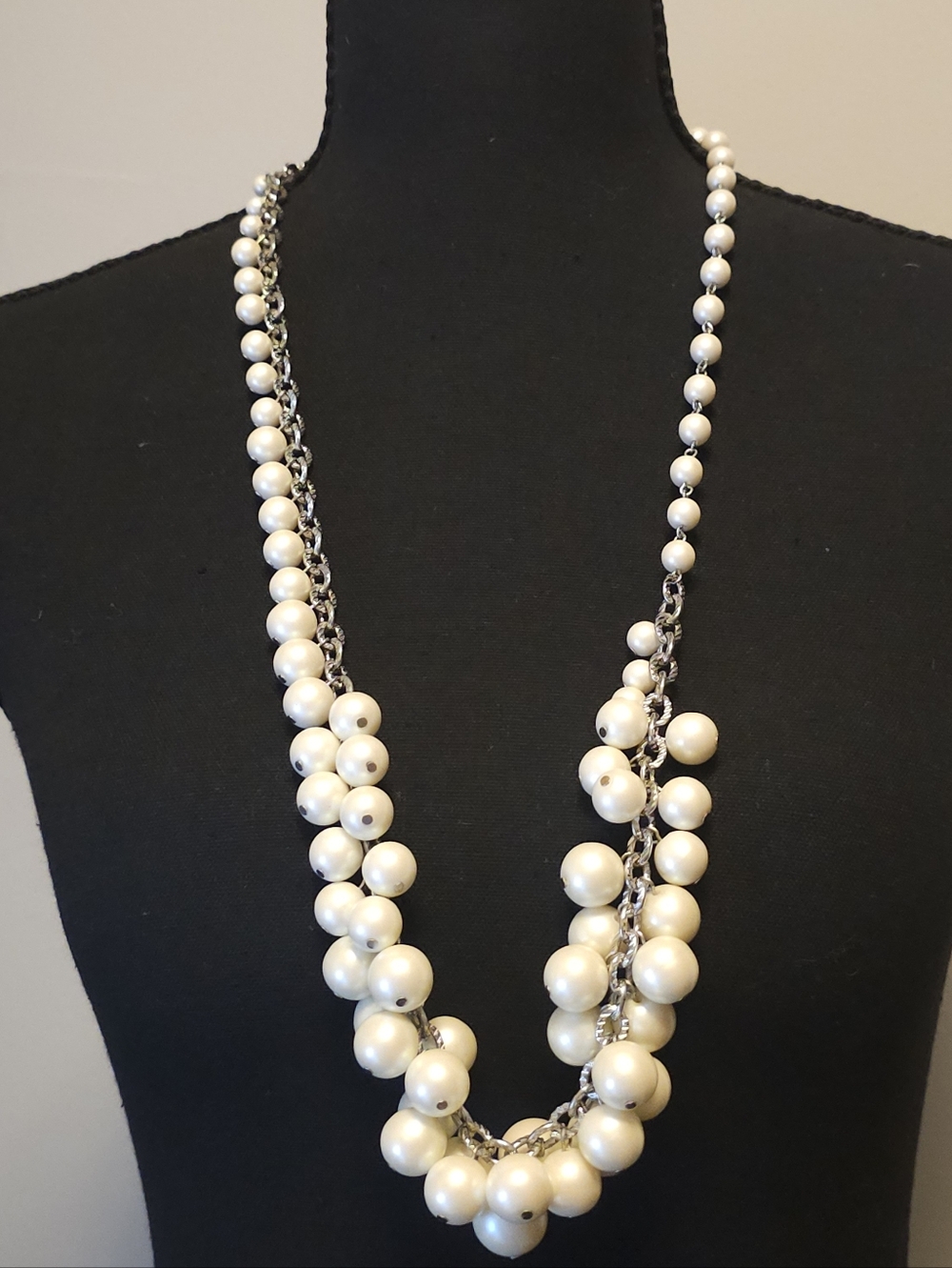 White Faux-Pearl Asymmetrical Cluster Statement Necklace